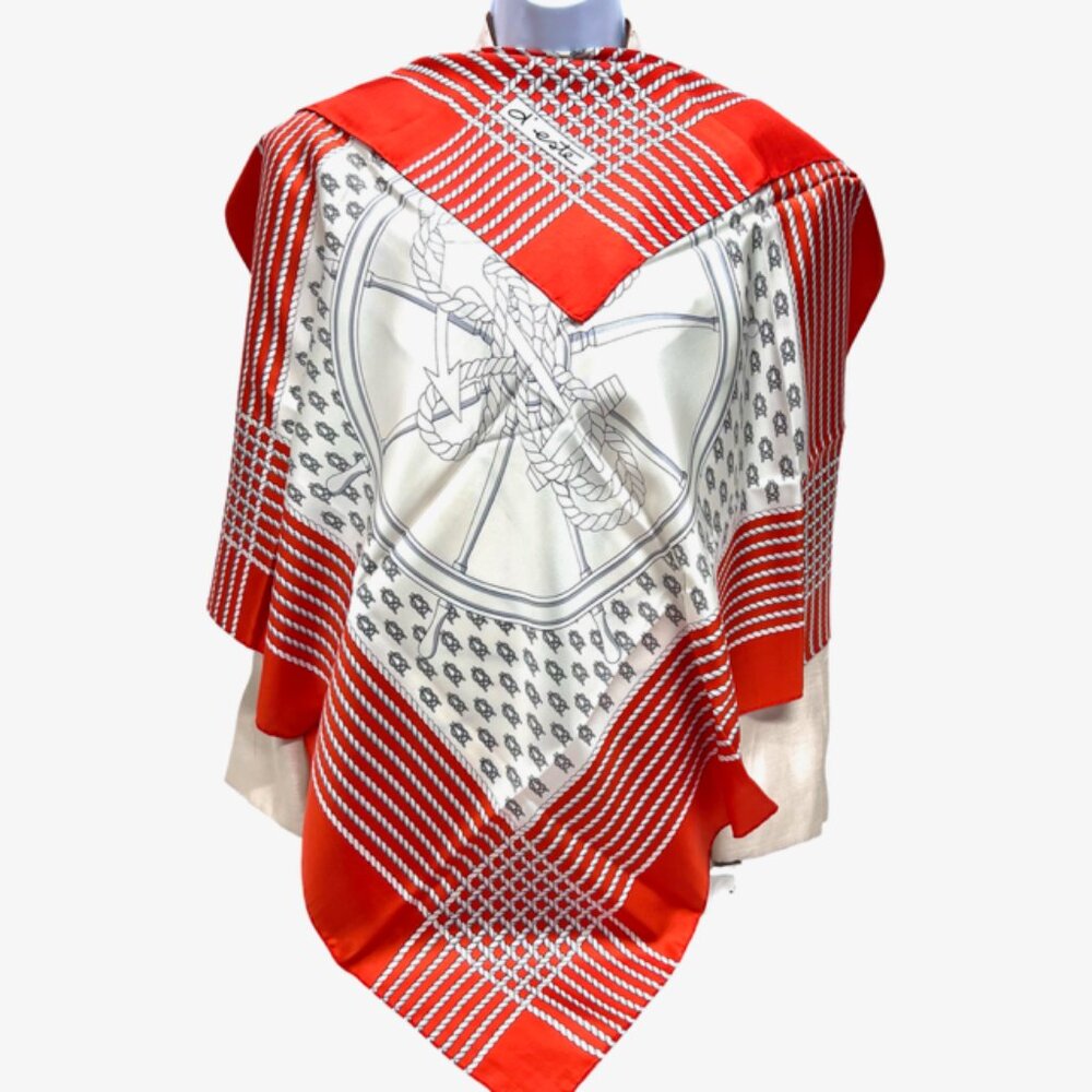 Unused-Merina D’Este  Scarf 100% Silk Satin  Italy 34" Ivery red orange  rope(47